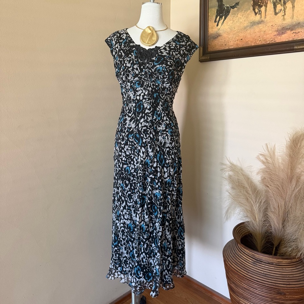 Blue and Black Floral Silk Maxi Dress Women's Elegant Summer Dress